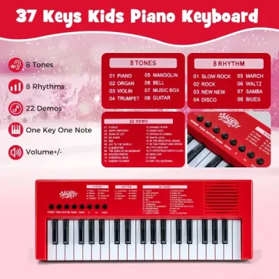 Dětské klavírní klaviatury, 37 kláves, přenosné elektrické piano s 8 rytmy, 8 zvuky a 22 demy, červené