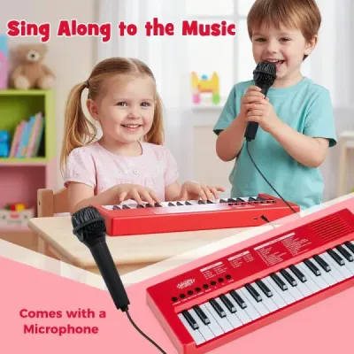 Dětské klavírní klaviatury, 37 kláves, přenosné elektrické piano s 8 rytmy, 8 zvuky a 22 demy, červené