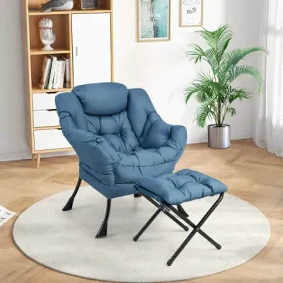 Křeslo s taburetem a područkami a boční kapsou a podnožkou Relaxační křeslo křídlo modré