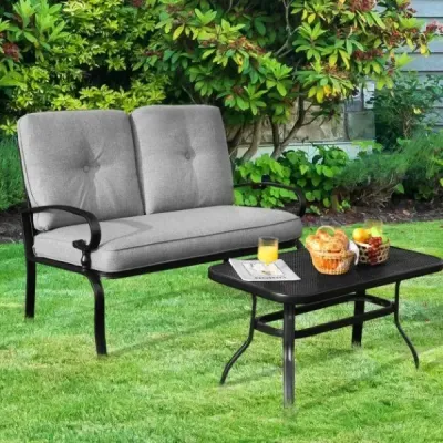 2-místná zahradní lavice s konferenčním stolkem Lavice s polštáři Grey & Black