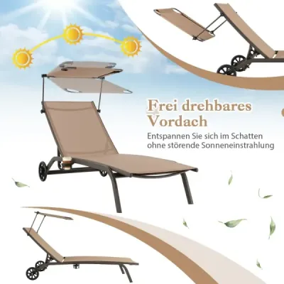 Sada 2 zahradních lehátek, venkovní lehátka s kolečky, plážová lehátka z kovu, hnědá