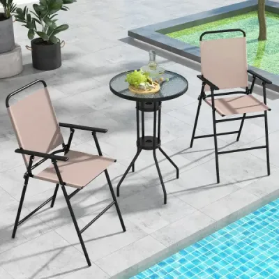 3-dílná venkovní bistro souprava patio barový stůl se 2 skládacími židlemi a otvorem na slunečník Béžová