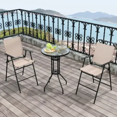 3-dílná venkovní bistro souprava patio barový stůl se 2 skládacími židlemi a otvorem na slunečník Béžová