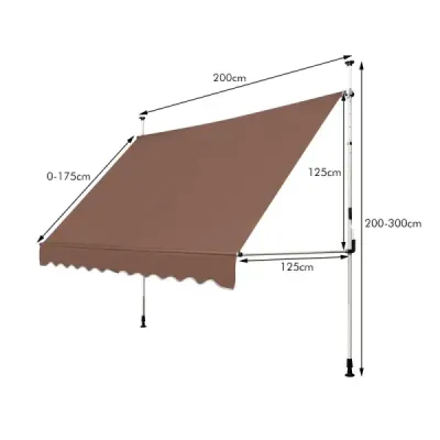 Markýza s upínacími svorkami, šířka 200 cm, balkonová markýza bez vrtání, UV odolná, výškově nastavitelná, hnědá