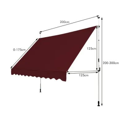 Markýza s upínacími svorkami, šířka 200 cm, balkonová markýza bez vrtání, UV odolná, výškově nastavitelná, vínově červená