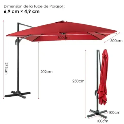 Slunečník se 3 nastaveními sklonu pro zahrady terasy kavárny 300 x 300 x 273 cm vínová červená