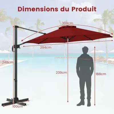 Slunečník 300 x 300 cm s kličkou 360° otočný konzolový slunečník Zahradní slunečník Tržní slunečník Červený