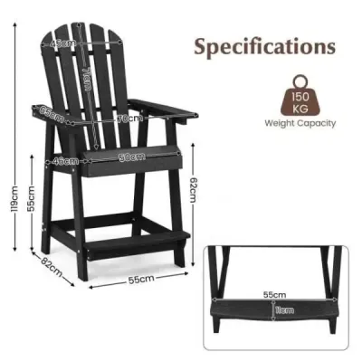Venkovní bar židle s područkou a opěrkou nohou HDPE Patio židle odolná vůči povětrnostním vlivům Pub Stool Black