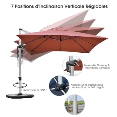 Terasový slunečník s křížovou základnou a 360° rotací pro zahradu a bazén 300 x 300 x 261 cm bordó