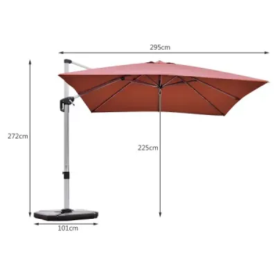 Terasový slunečník s křížovou základnou a 360° rotací pro zahradu a bazén 300 x 300 x 261 cm bordó