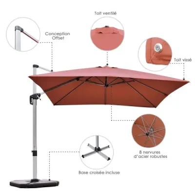 Terasový slunečník s křížovou základnou a 360° rotací pro zahradu a bazén 300 x 300 x 261 cm bordó