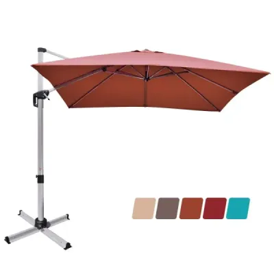 Terasový slunečník s křížovou základnou a 360° rotací pro zahradu a bazén 300 x 300 x 261 cm bordó