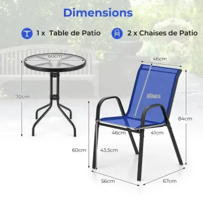 3dílná sada balkonového nábytku bistro stůl se 2 stohovatelnými židlemi bistro set balkonový set zahradní set modrý