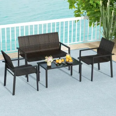 Costway 4tlg. Olyrattan Gartenmöbel Set inkl. 2 Stühlen & Bank & Tisch Terrassenmöbel Sitzgruppe Braun