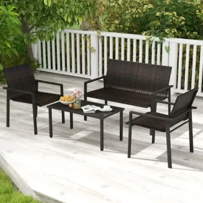 Costway 4tlg. Olyrattan Gartenmöbel Set inkl. 2 Stühlen & Bank & Tisch Terrassenmöbel Sitzgruppe Braun