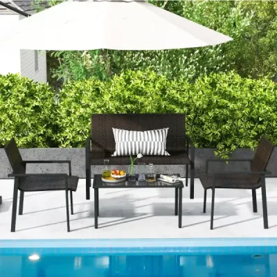 Costway 4tlg. Olyrattan Gartenmöbel Set inkl. 2 Stühlen & Bank & Tisch Terrassenmöbel Sitzgruppe Braun