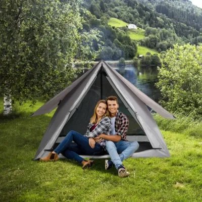 Pop Up stan pro 2-3 osoby 360° jednostranný průhledný rodinný stan 225 x 145 x 161 cm Šedá