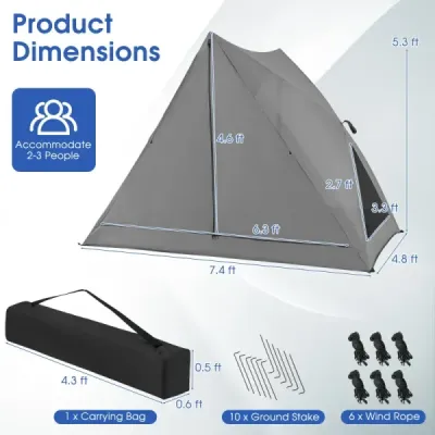 Pop Up stan pro 2-3 osoby 360° jednostranný průhledný rodinný stan 225 x 145 x 161 cm Šedá