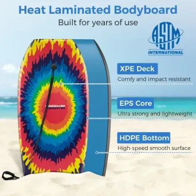 Bodyboard 104 cm, lehký, jádro z EPS, horní vrstva z XPE, spodní vrstva z HDPE, záď ve tvaru půlměsíce, poutko na zápěstí, pro pláž, moře, bazén