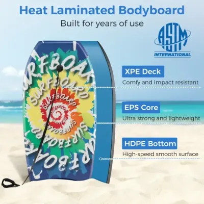 94 cm, lehké bodyboard, jádro z EPS, horní vrstva z XPE, spodní vrstva z HDPE, záď ve tvaru půlměsíce, poutko na zápěstí, vhodné na pláž, do moře i do bazénu