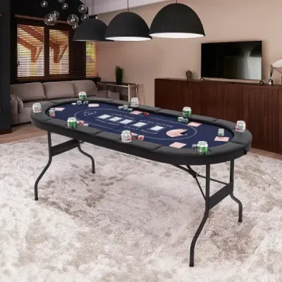 Skládací pokerový stůl pro 8 hráčů s držáky na nápoje a polstrovanými područkami, modrý