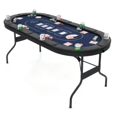 Skládací pokerový stůl pro 8 hráčů s držáky na nápoje a polstrovanými područkami, modrý