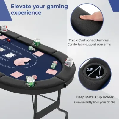 Skládací pokerový stůl pro 8 hráčů s držáky na nápoje a polstrovanými područkami, modrý
