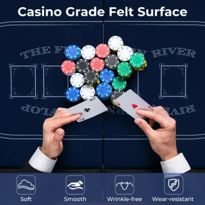 Skládací pokerový stůl pro 8 hráčů s držáky na nápoje a polstrovanými područkami, modrý