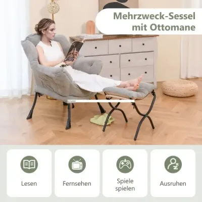 Křeslo s taburetem & područkami & boční kapsou & oboustrannou podnožkou Relax křeslo šedé