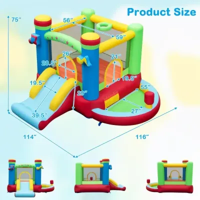 Nafukovací skákací hrad se skluzavkou a skákací plochou a basketbalovým košem Hrací hrad