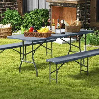 Zahradní stůl 180 x 74 cm Skládací kempingový stůl Skládací stůl s deskou z HDPE a držadlem na přenášení Šedá barva
