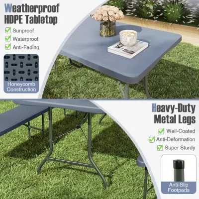 Zahradní stůl 180 x 74 cm Skládací kempingový stůl Skládací stůl s deskou z HDPE a držadlem na přenášení Šedá barva