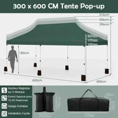 300 x 600 cm pop-up stan se skládacím baldachýnem skládací stan pro akce s taškou na přenášení zelený