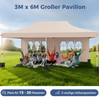 Altán 3 x 6 m Skládací altán se 6 odnímatelnými bočními stěnami a pytli s pískem Béžová barva