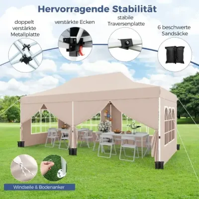 Altán 3 x 6 m Skládací altán se 6 odnímatelnými bočními stěnami a pytli s pískem Béžová barva