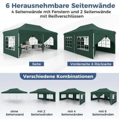 Skládací altán 3 x 6 m s 6 odnímatelnými bočními stěnami, výškově nastavitelný párty stan, zelený