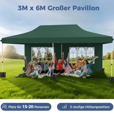 Skládací altán 3 x 6 m s 6 odnímatelnými bočními stěnami, výškově nastavitelný párty stan, zelený