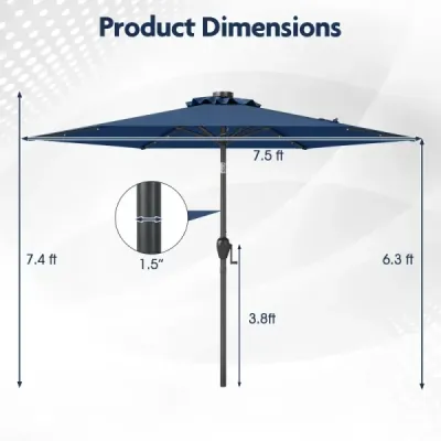 Slunečník 230 cm s LED solárním osvětlením a klikou zahradní deštník market deštník tmavě modrá