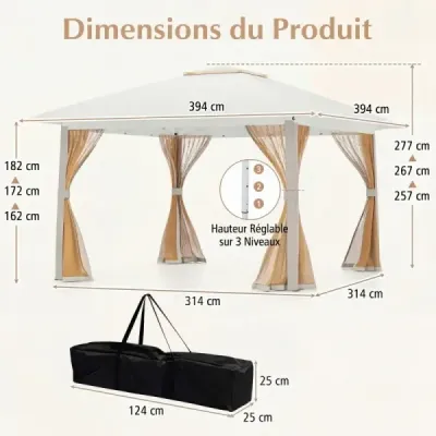 Výsuvný pavilon 394x394cm s drátěnými stěnami, dvojitou střechou, přepravní taškou, snadno sestavitelný, do zahrady, na terasu, bežová