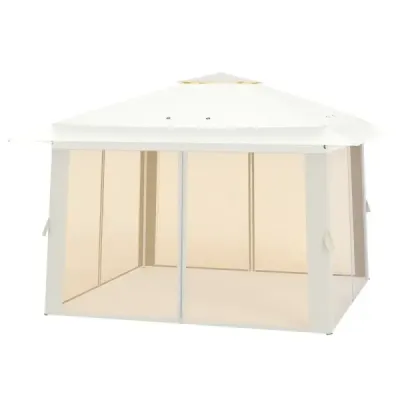 Výsuvný pavilon 394x394cm s drátěnými stěnami, dvojitou střechou, přepravní taškou, snadno sestavitelný, do zahrady, na terasu, bežová