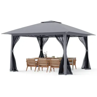 Výsuvný pavilon 394x394cm s drátěnými stěnami, dvojitou střechou, přepravní taškou, snadno sestavitelný, do zahrady, na terasu, šedý