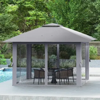 Výsuvný pavilon 394x394cm s drátěnými stěnami, dvojitou střechou, přepravní taškou, snadno sestavitelný, do zahrady, na terasu, šedý