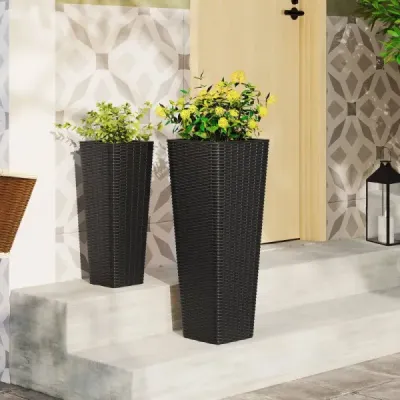 Sada 2 květináčů s vnitřním květináčem o výšce 82 cm / 60 cm, ratanové stohovatelné květináče s drenážními otvory, černé