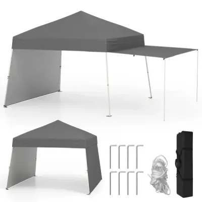 Výklopný altán 430 x 280 cm se 2 bočními stěnami, které lze přeměnit na markýzu, kempingový stan Partz, šedý