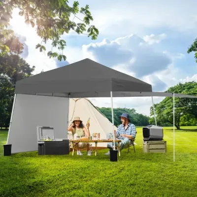 Výklopný altán 430 x 280 cm se 2 bočními stěnami, které lze přeměnit na markýzu, kempingový stan Partz, šedý