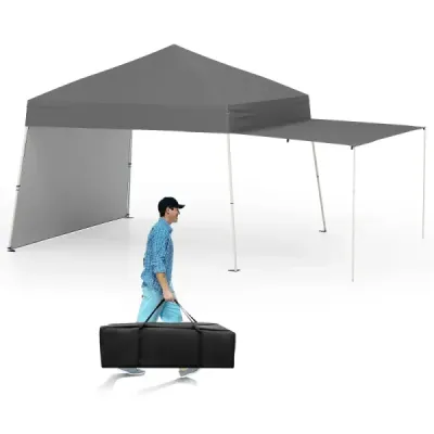 Výklopný altán 430 x 280 cm se 2 bočními stěnami, které lze přeměnit na markýzu, kempingový stan Partz, šedý