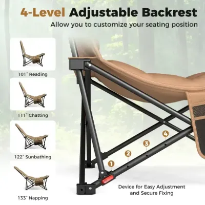 Skládací kempingová židle s nastavitelným opěradlem a nosností 225 kg, khaki