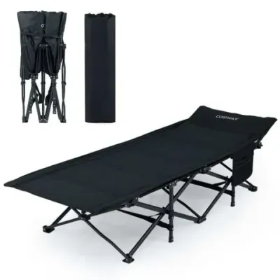 Skládací kempinkové lůžko pro dospělé Kempinkové lůžko s 10bodovým podpůrným systémem Boční kapsa a taška na přenášení Černá barva