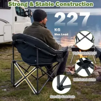 Skládací kempingová židle do 227 kg, polstrovaná, s područkami, držáky na nápoje, přenosná taška, šedá