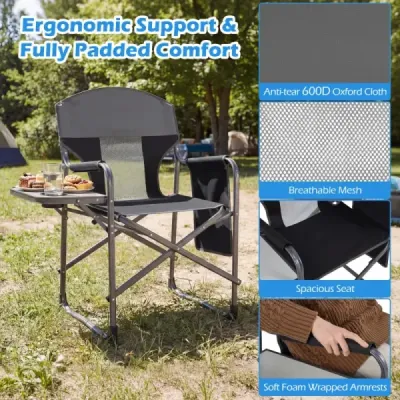 Skládací režisérská židle s bočním stolkem a taškou, nosnost 180 kg, na kempování a rybaření, černá